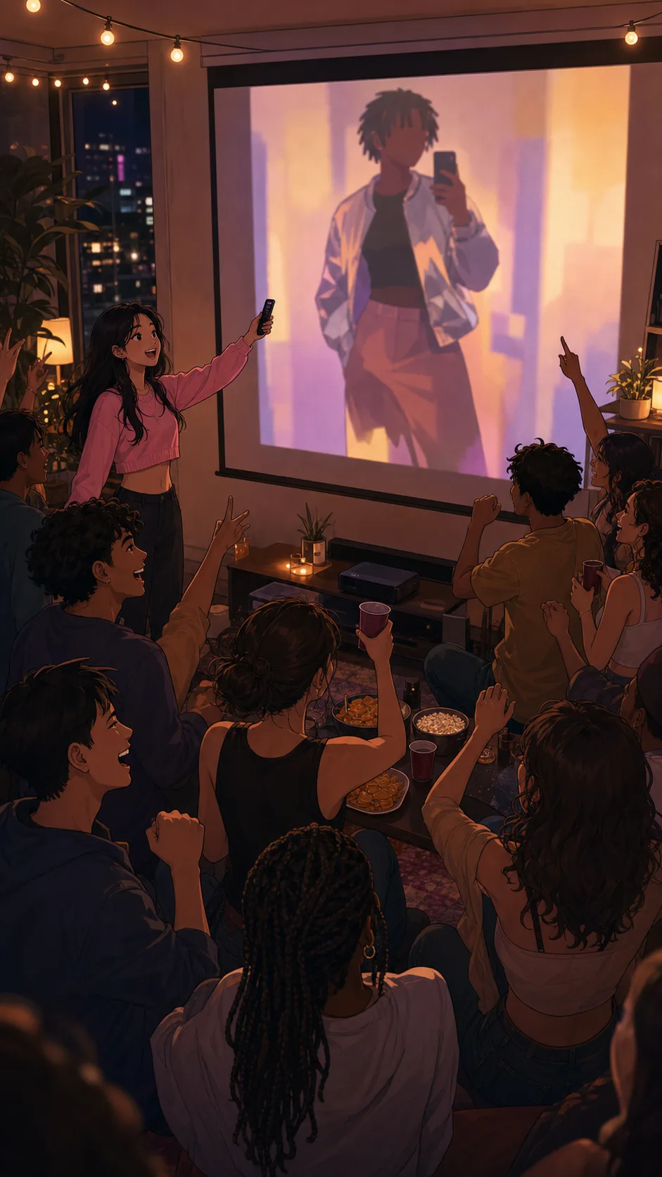 Party guests cheer as Dani's clip appears on a large screen.
