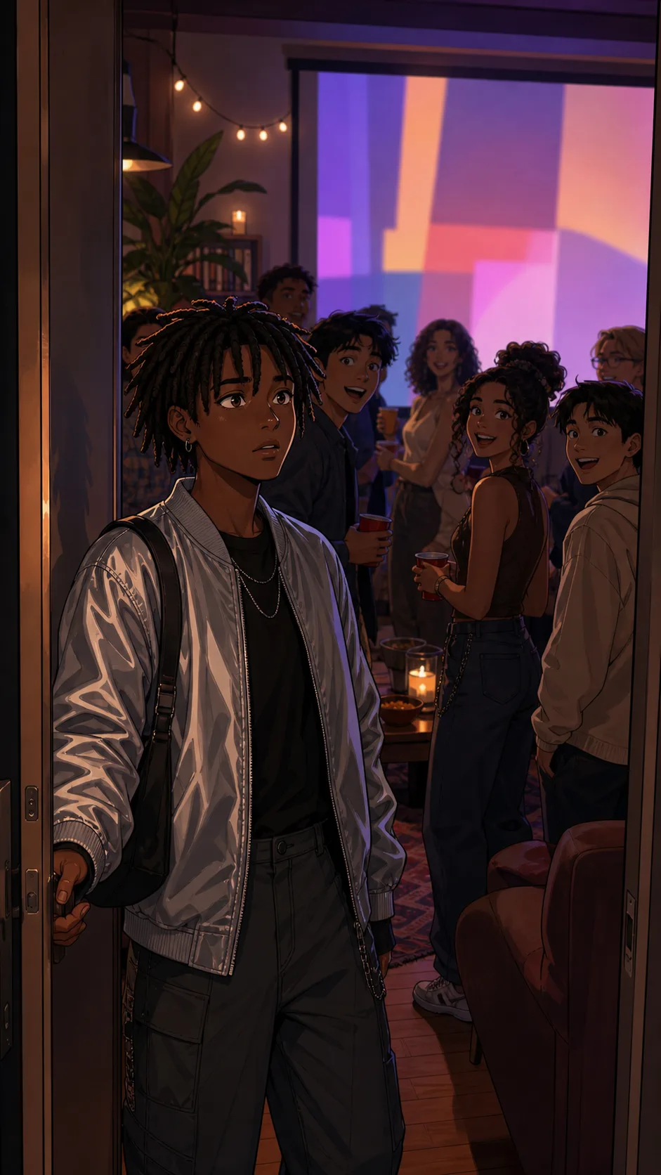 Dani freezes in the doorway as guests react to the party screen.