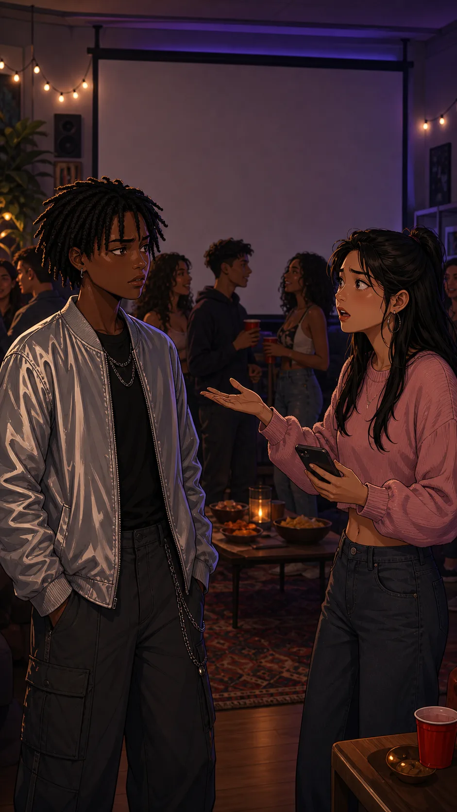 Dani and Keira discuss the story clip near a party screen.