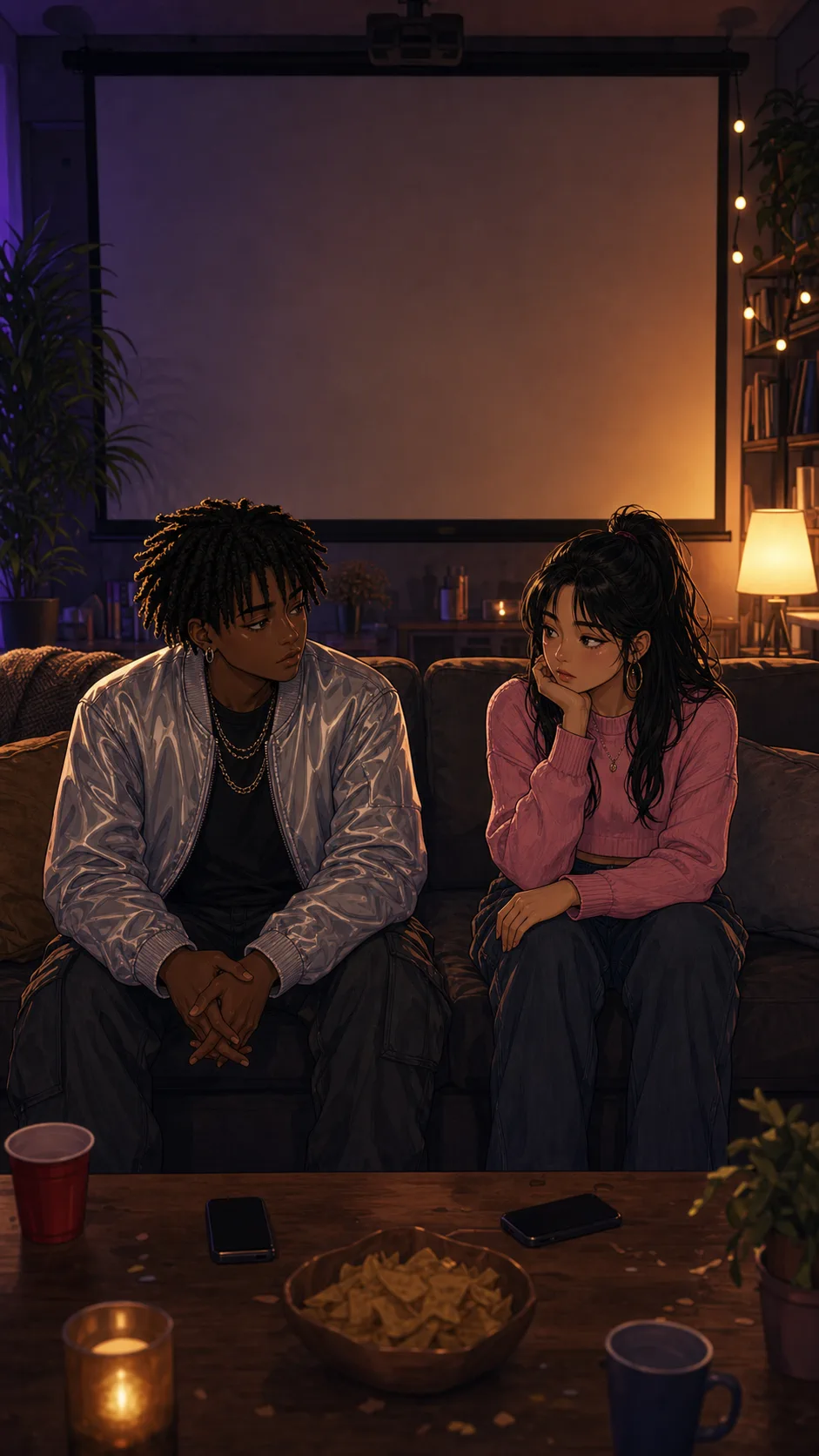 Dani and Keira sit beside a blank party screen with phones face down.