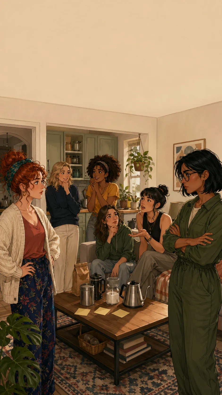 Talia and Jun welcome friends into a generic apartment with an unbranded smart speaker on the kitchen counter.