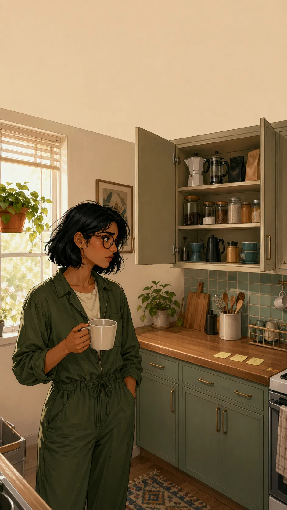 Talia and Jun sit at a generic kitchen table with an unplugged smart speaker, face-down phones, and blank calendar cards between them.