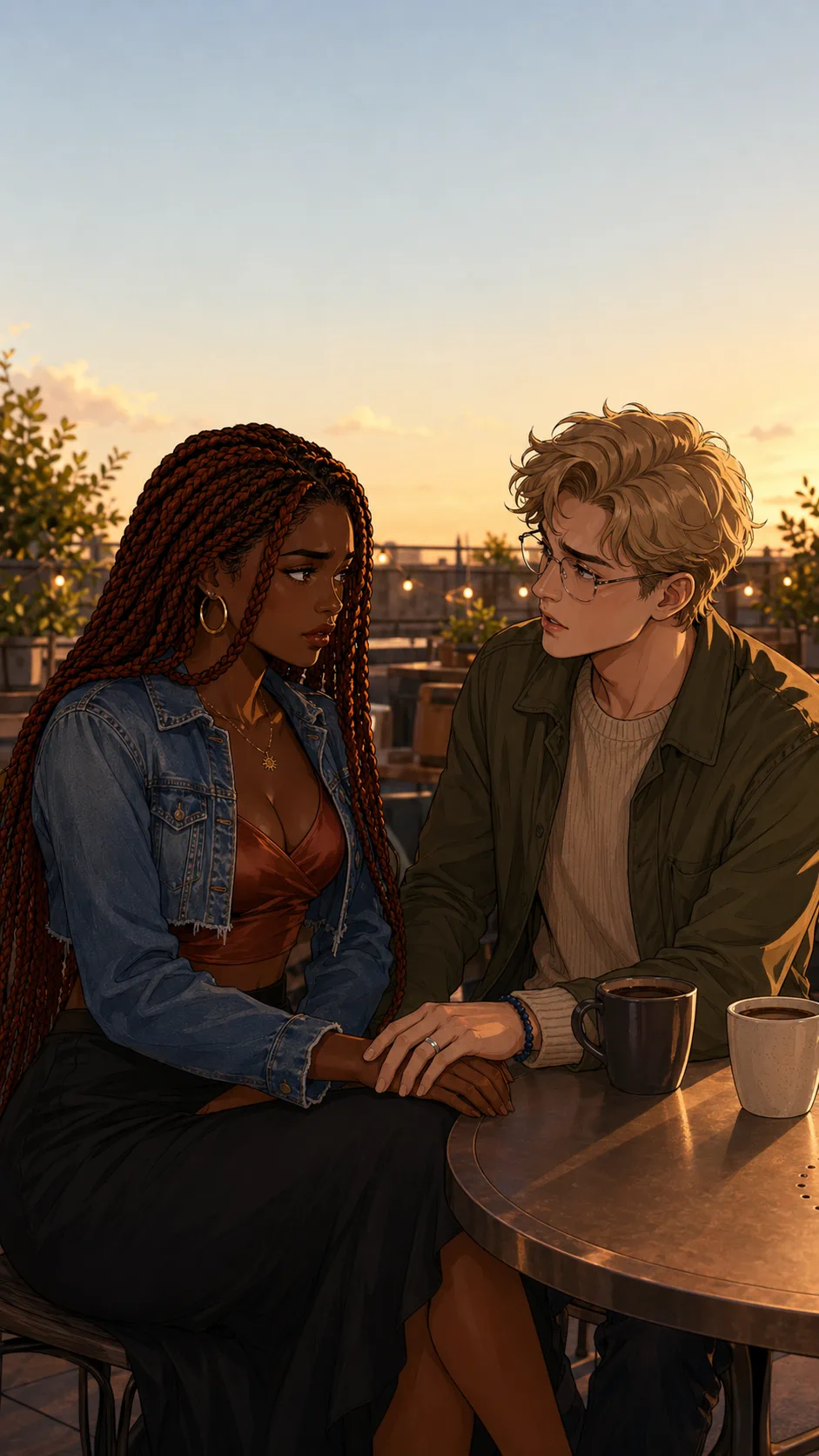 Theo asks Amara for more privacy during a quiet rooftop cafe date.