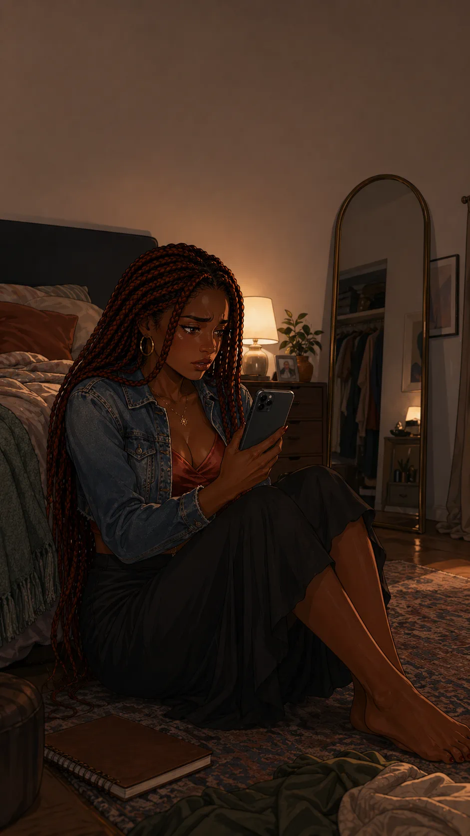 Amara sits on her bedroom floor at night while looking at a blurred phone gallery.