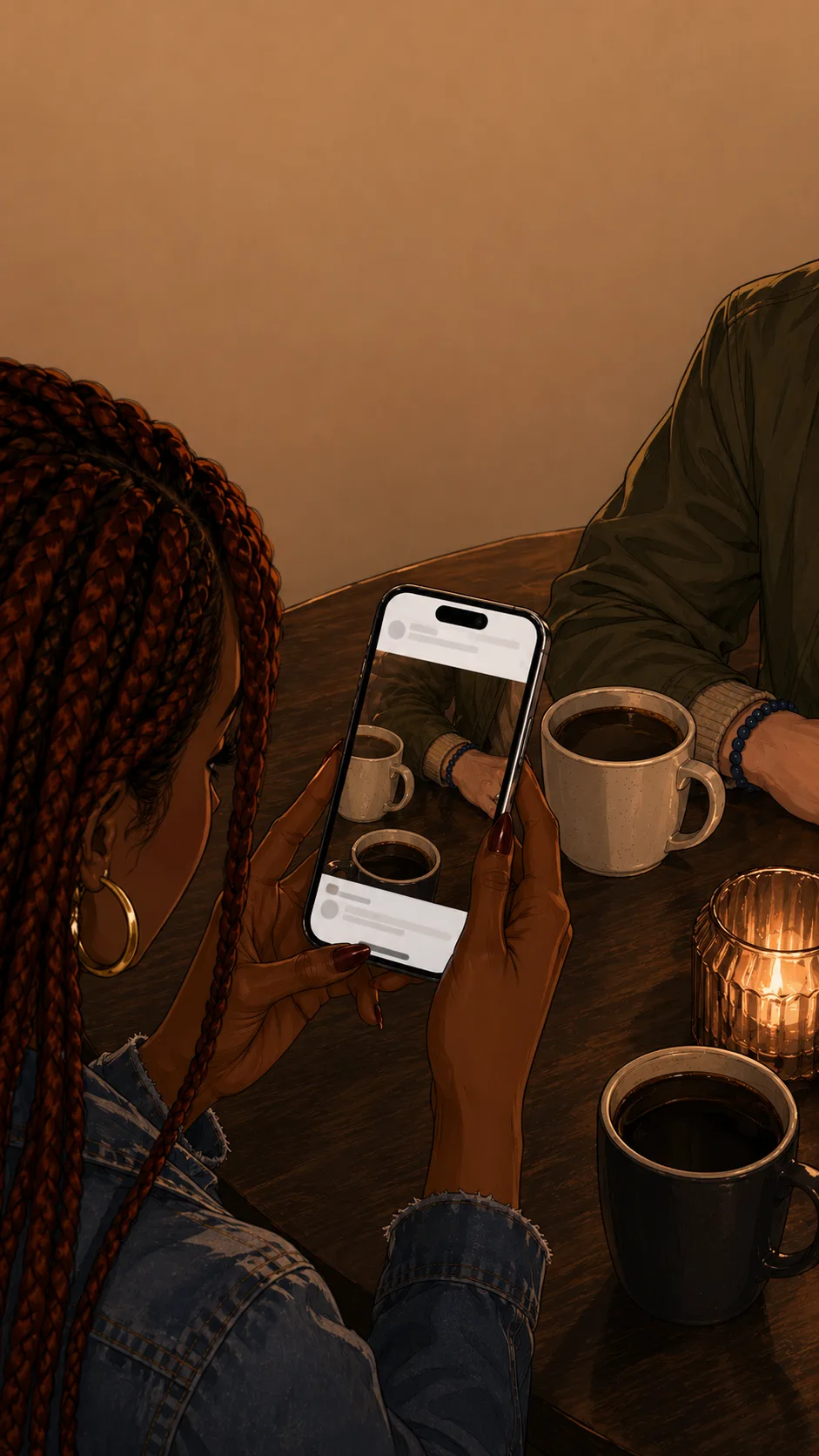 Amara prepares a faceless soft-launch post with Theo's bracelet and coffee cup visible.
