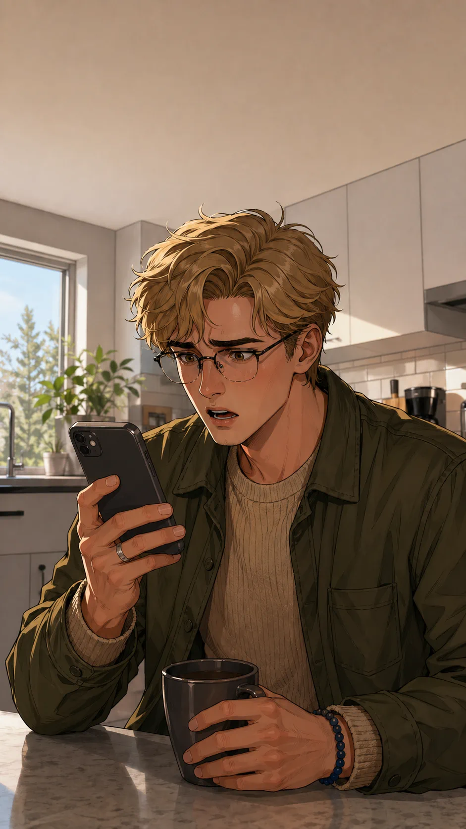 Theo looks shocked in a kitchen while holding a phone with blurred family messages.