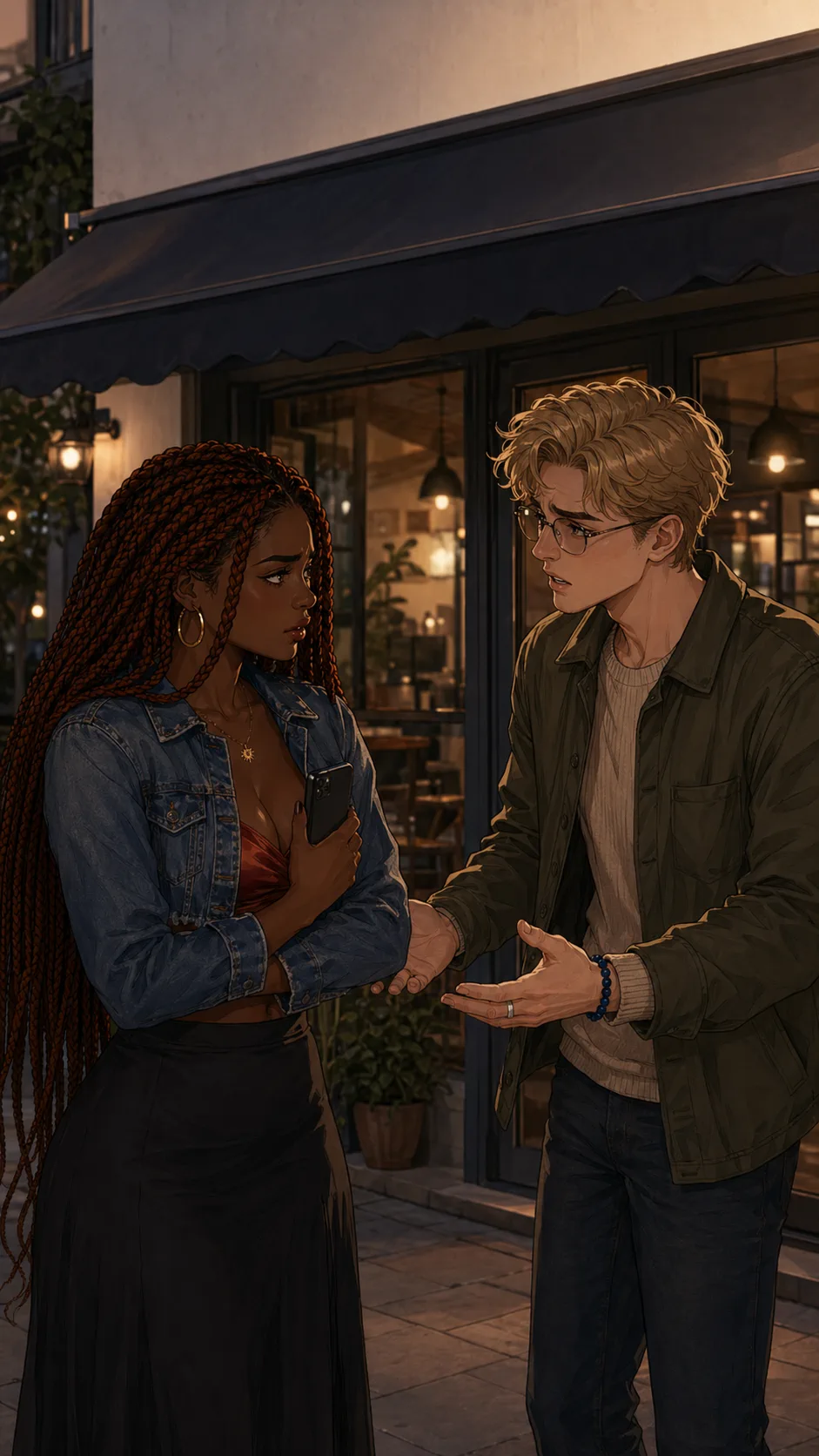 Theo and Amara argue outside a generic cafe while Amara holds her phone.