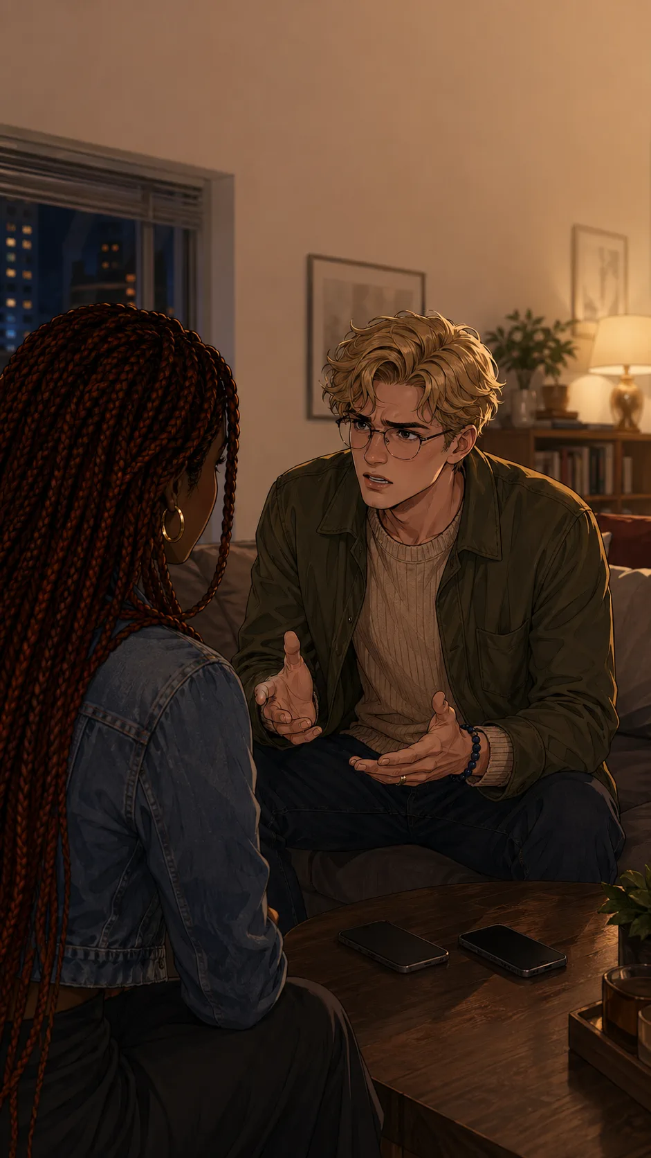 Theo explains himself in a quiet apartment while Amara listens from the foreground.