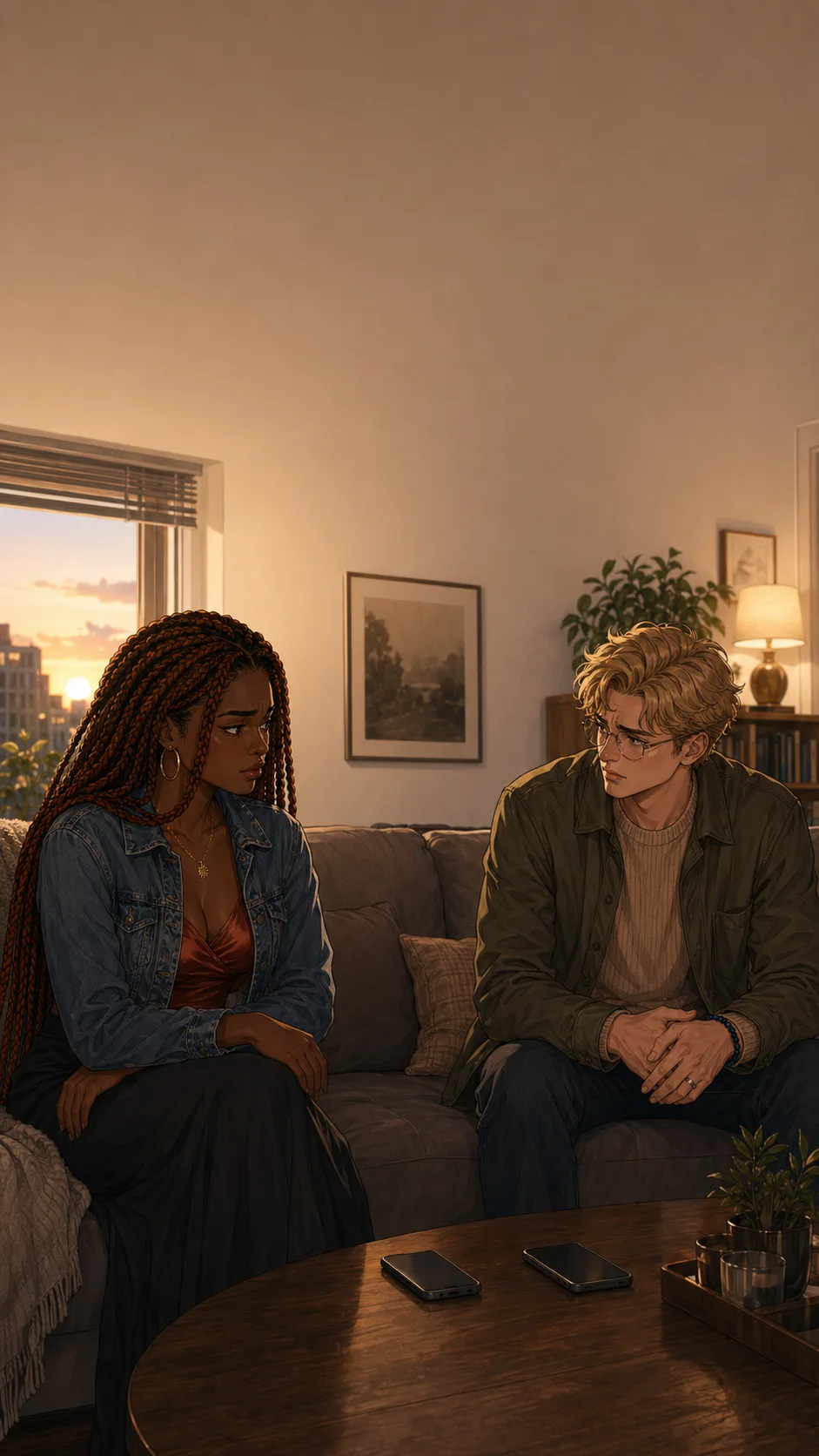 Amara and Theo sit apart on a couch with two phones on the table between them.