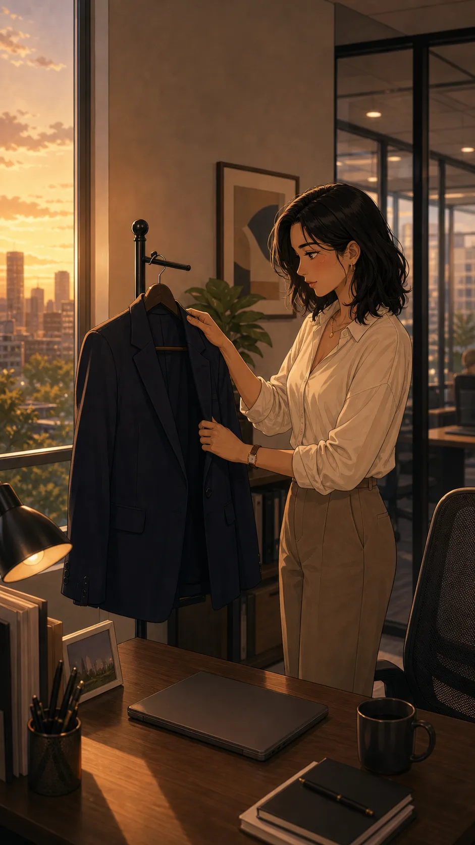 Rina hangs a navy blazer behind her office desk.