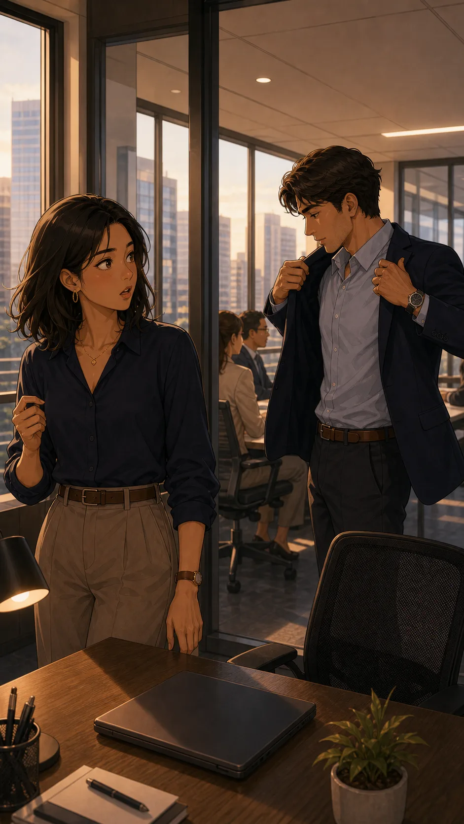A coworker wears Rina's blazer before a client call.