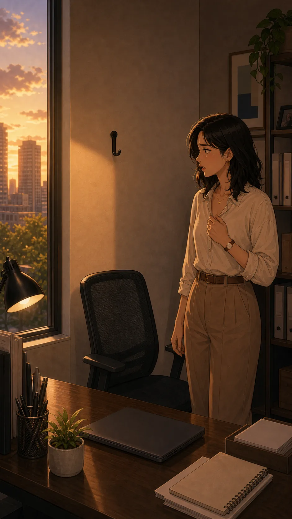 Rina finds the blazer missing from her desk hook.