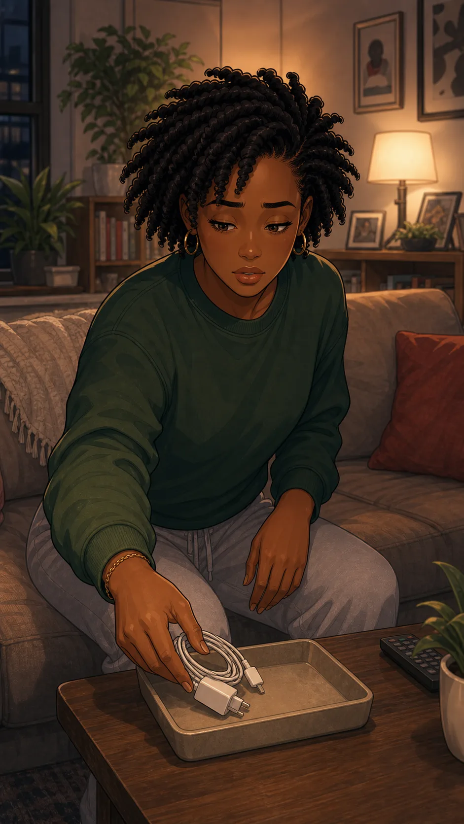 Nia places a spare charger in a tray beside the couch.