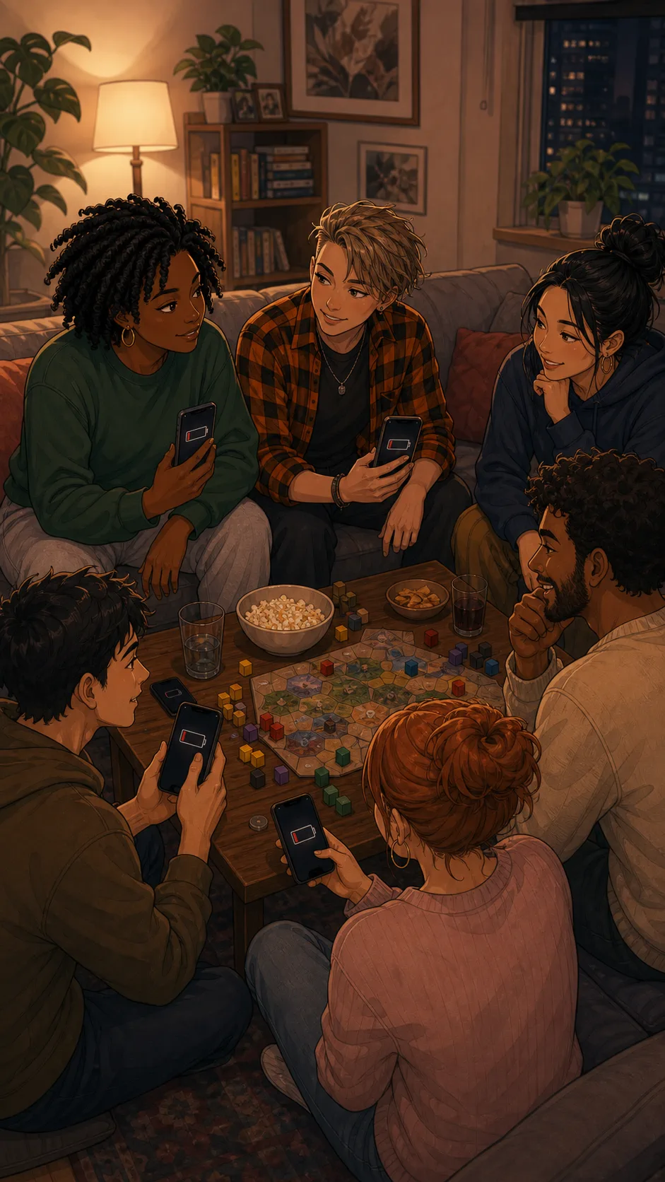 Friends gather in an apartment living room for game night.