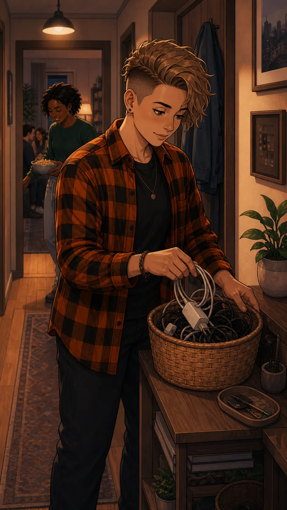 Ellis places Nia's charger into a hallway basket.
