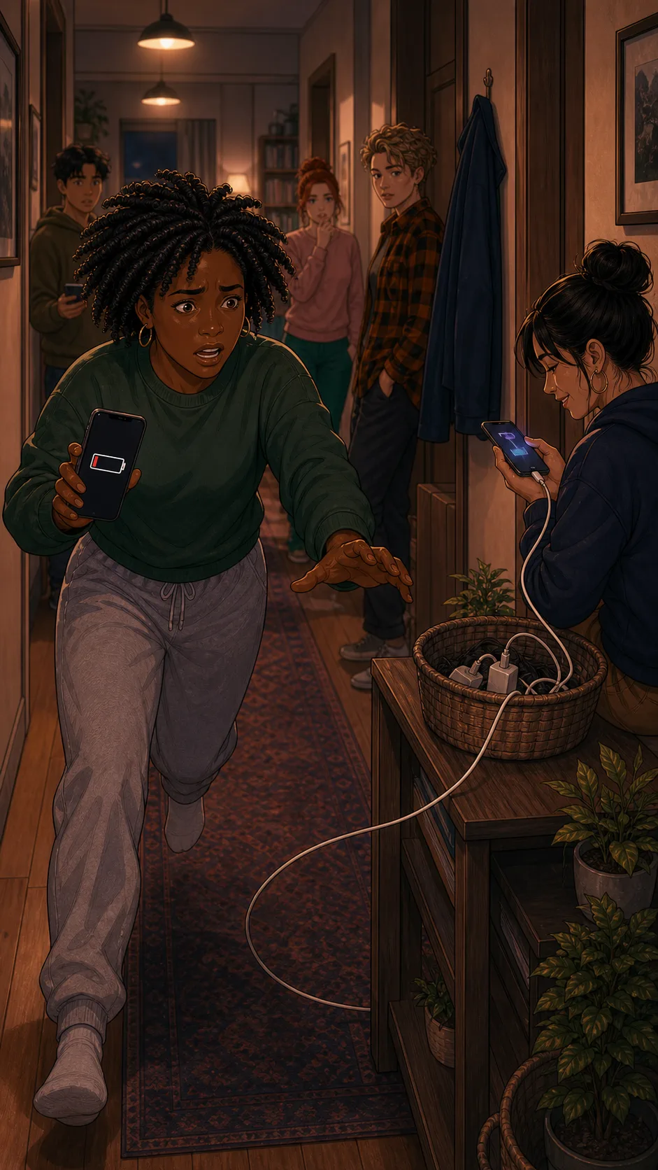 Nia finds her spare charger stretched across the hallway before a call.
