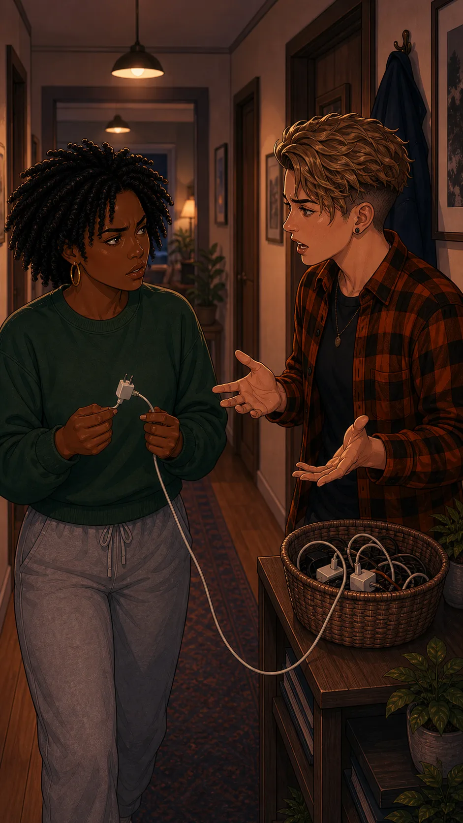 Nia and Ellis debate the shared charging basket.