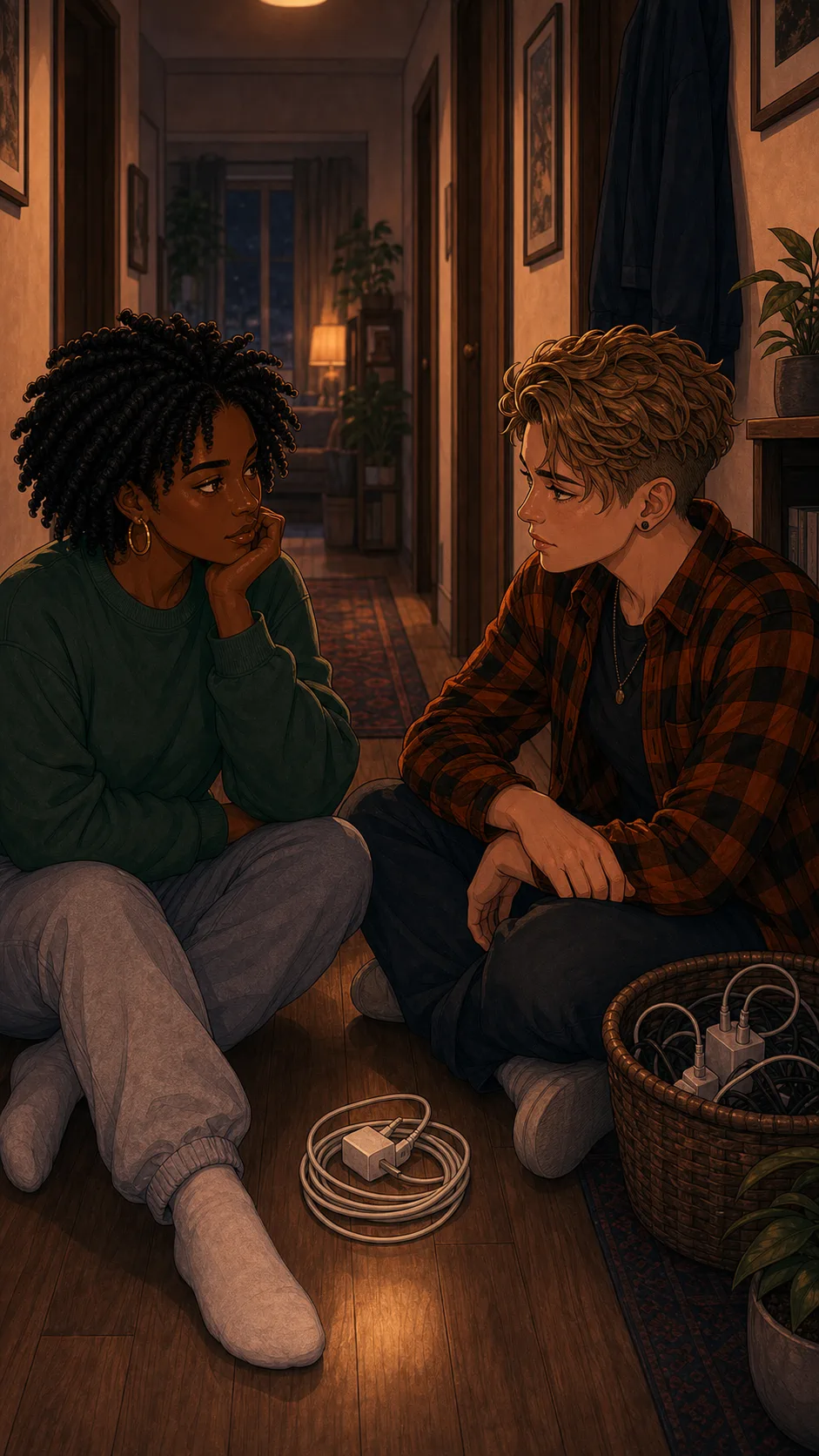 Nia and Ellis sit beside the hallway basket with the charger between them.