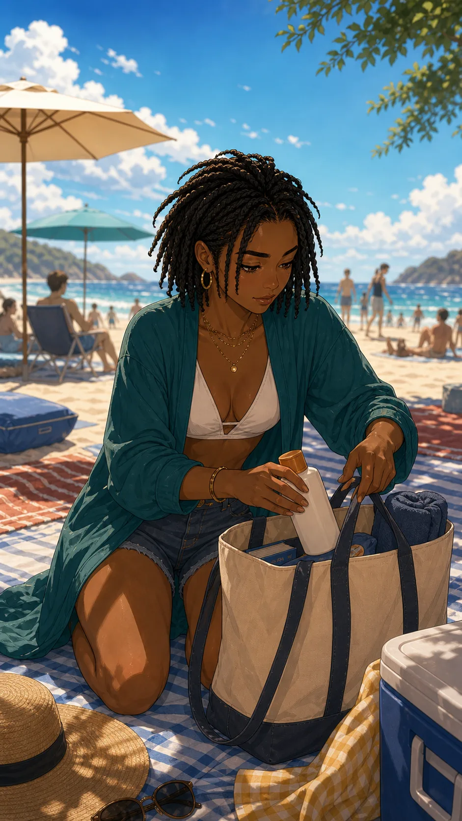 Nia places one plain sunscreen bottle into her beach tote.