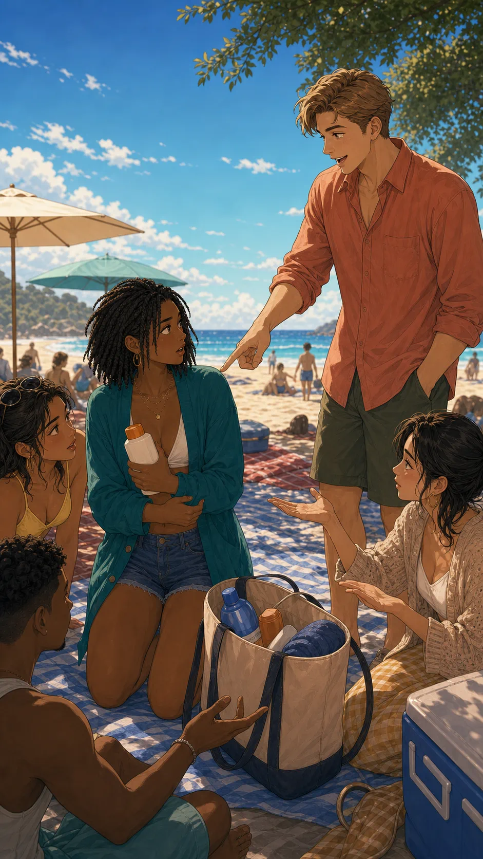 Jordan points toward Nia's tote while friends gather on towels.