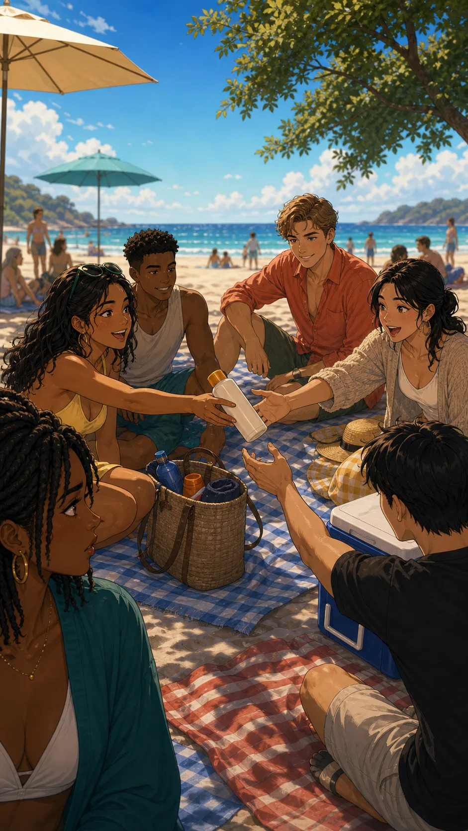 Friends pass Nia's plain sunscreen bottle between beach towels.