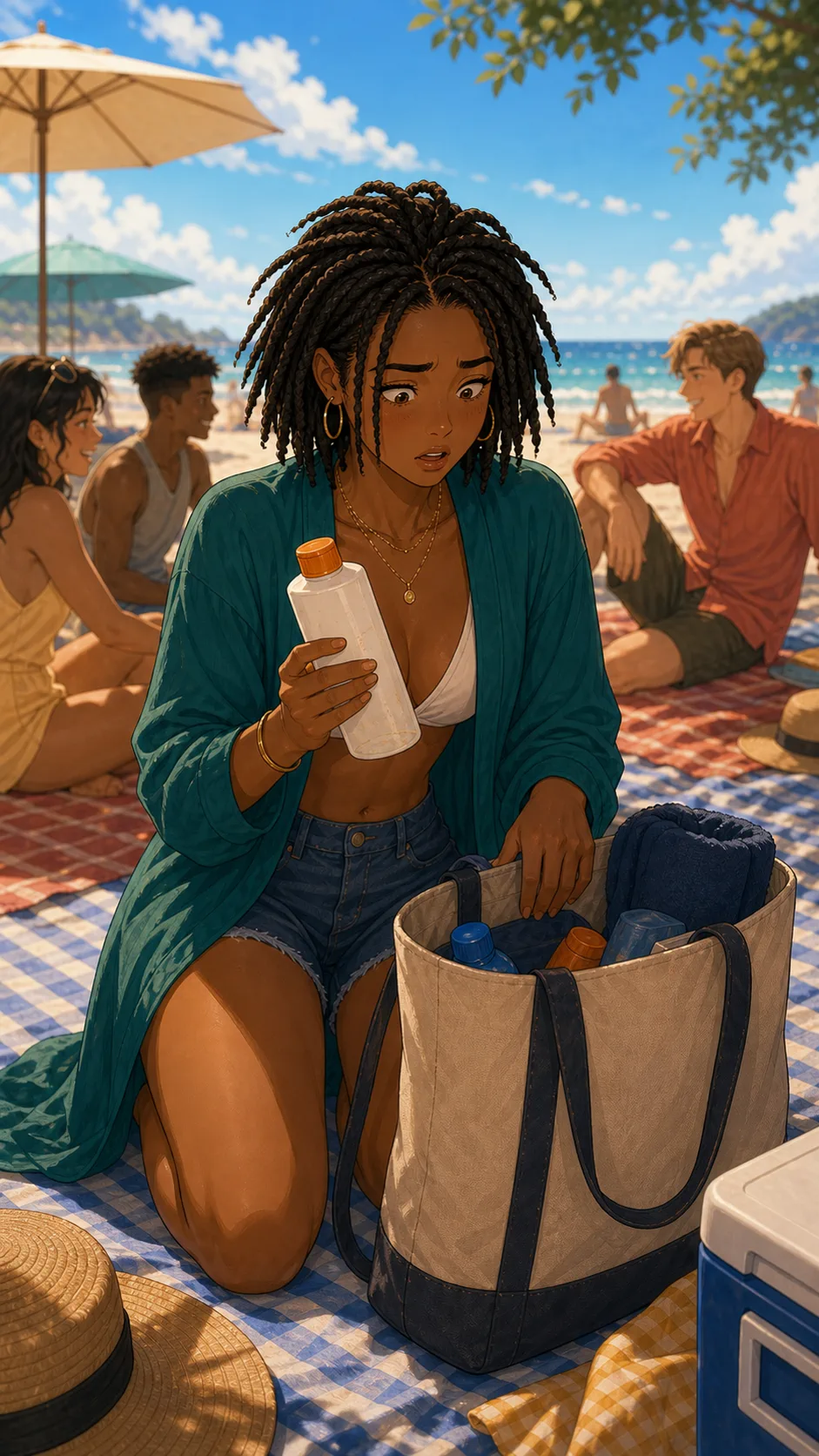 Nia finds the sunscreen bottle nearly empty beside scattered beach towels.