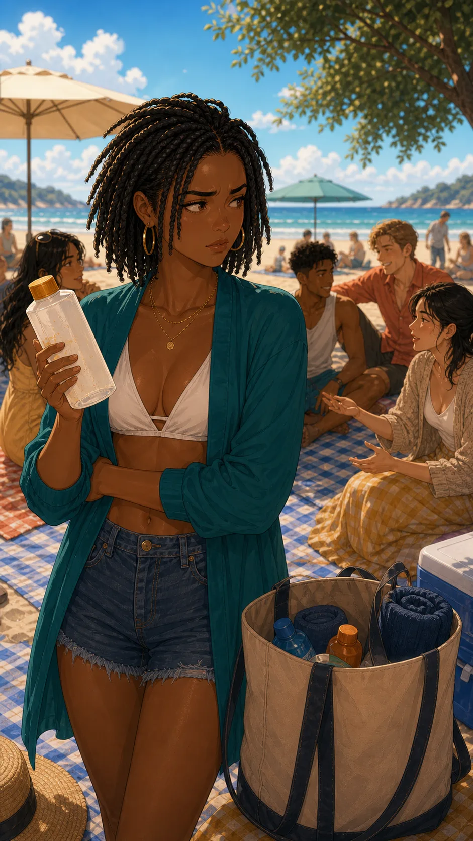 Nia stands by her tote holding the nearly empty sunscreen bottle.
