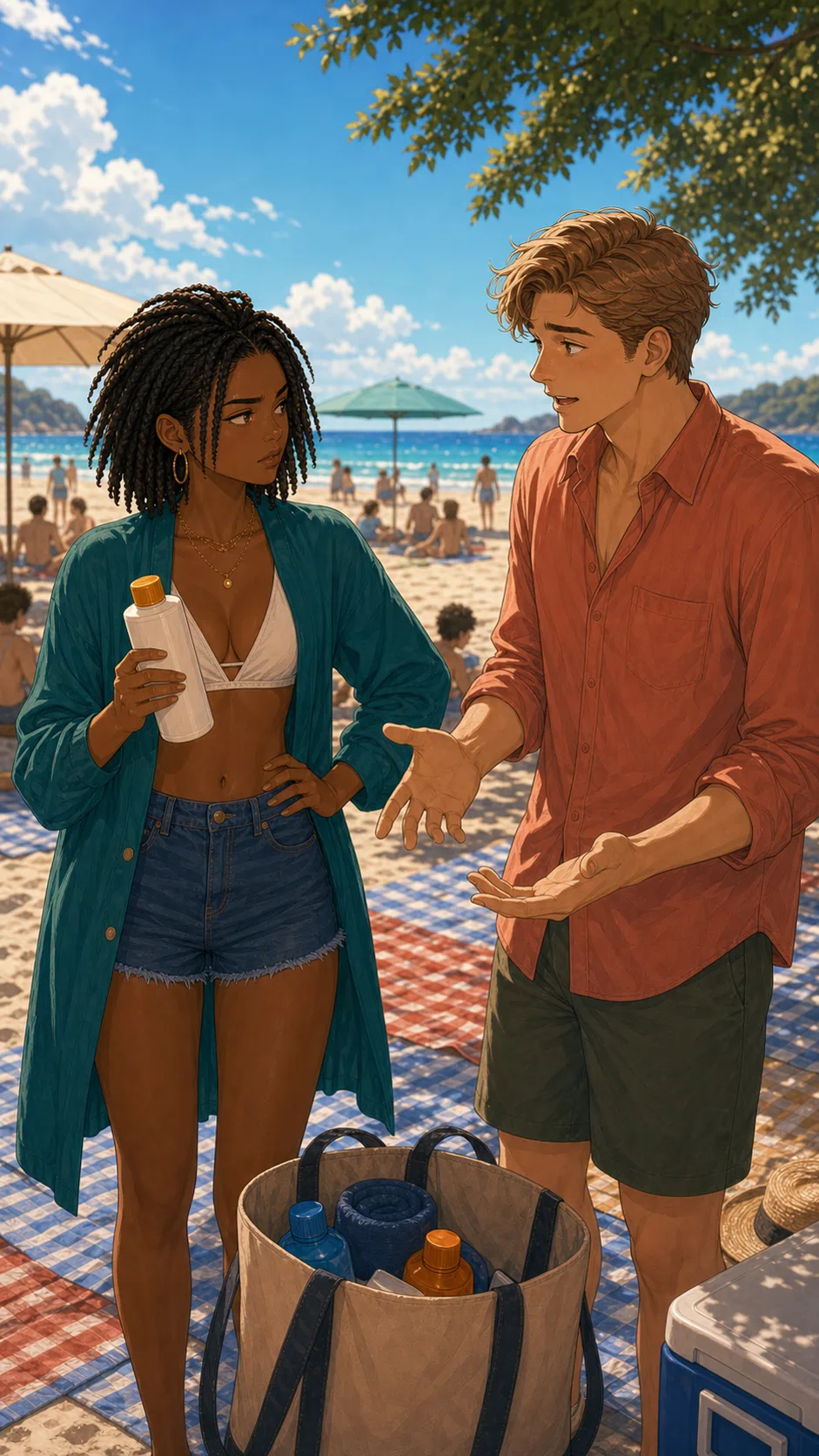 Nia and Jordan discuss the sunscreen at the beach.