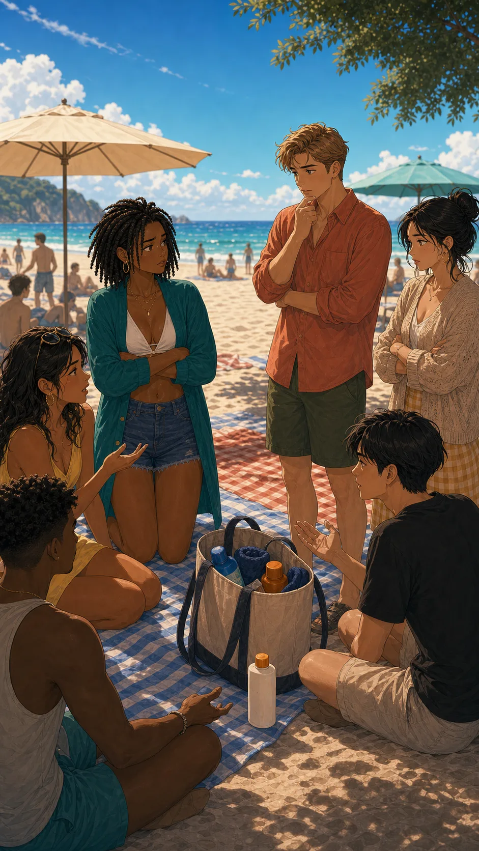 Friends split around a beach tote and sunscreen bottle.