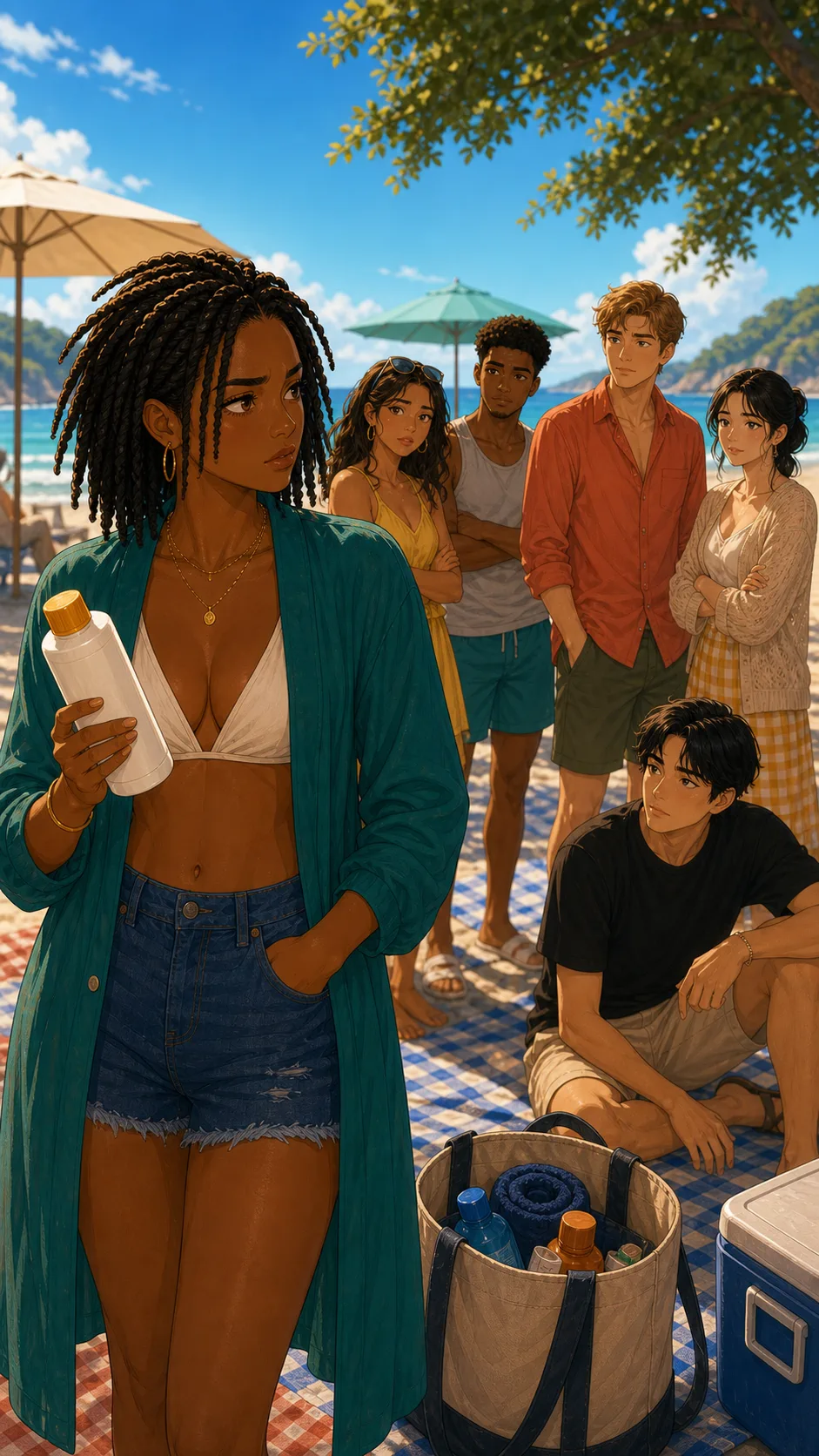 Nia holds the sunscreen bottle while the beach group waits.