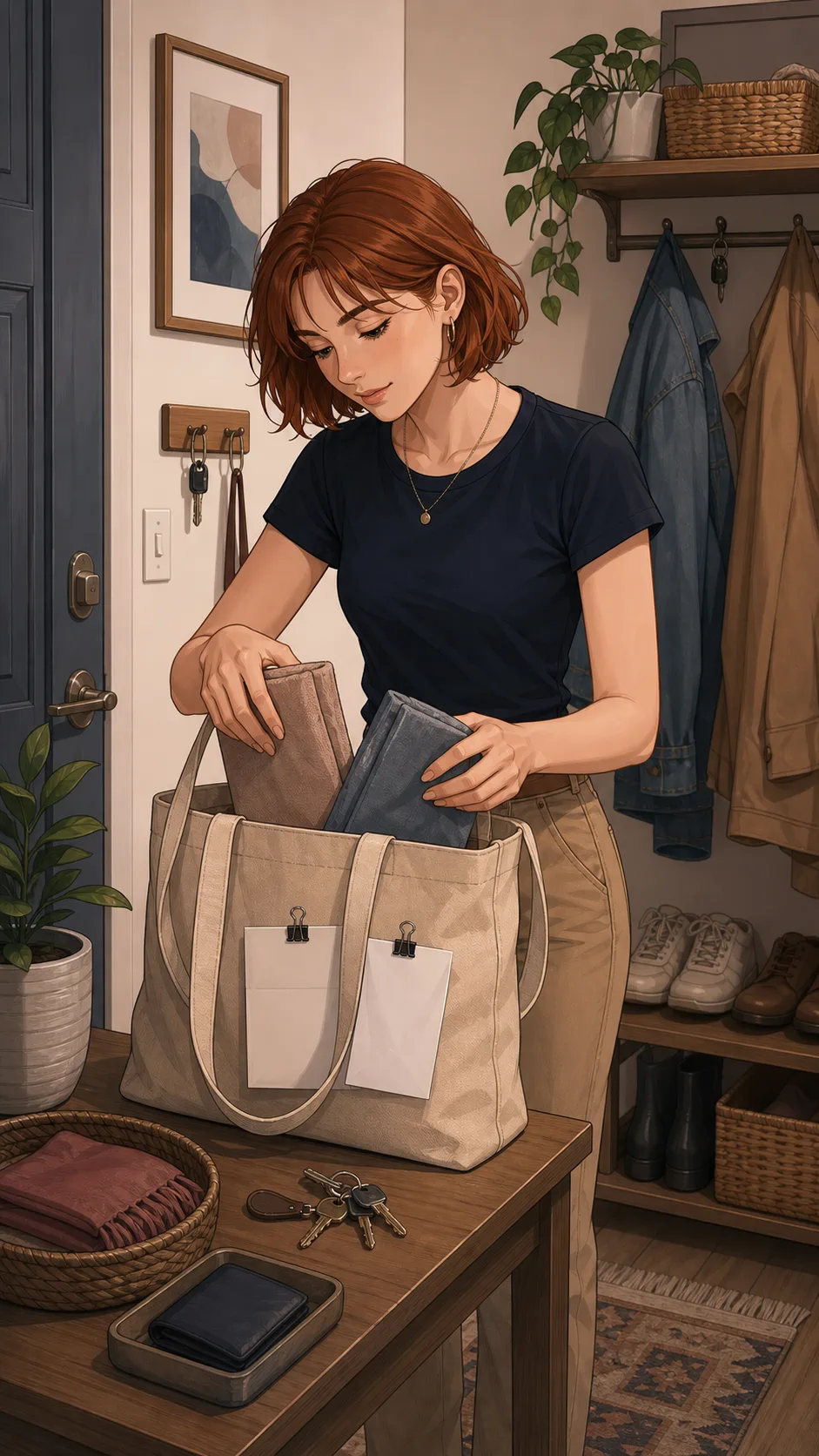 Claire packs two return items into a beige canvas tote.