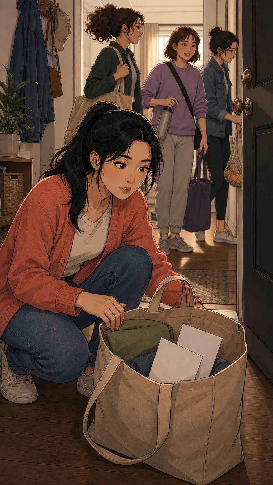 Dana notices Claire's return tote by the apartment door.