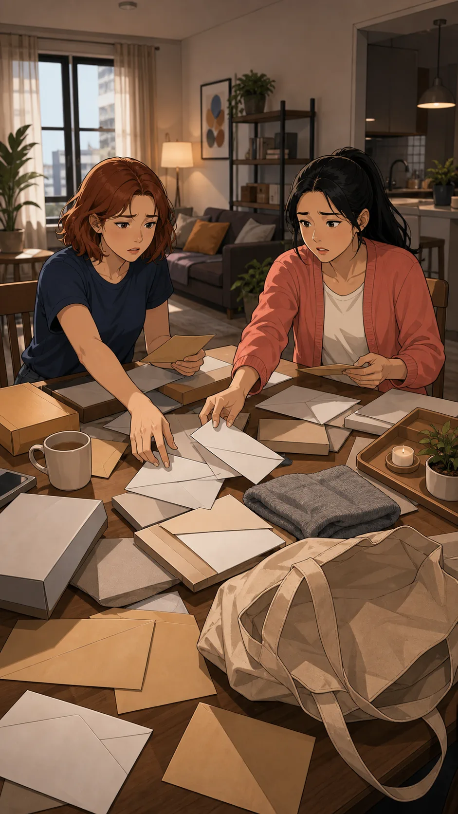 Claire and Dana sort mixed return items and blank receipt envelopes.