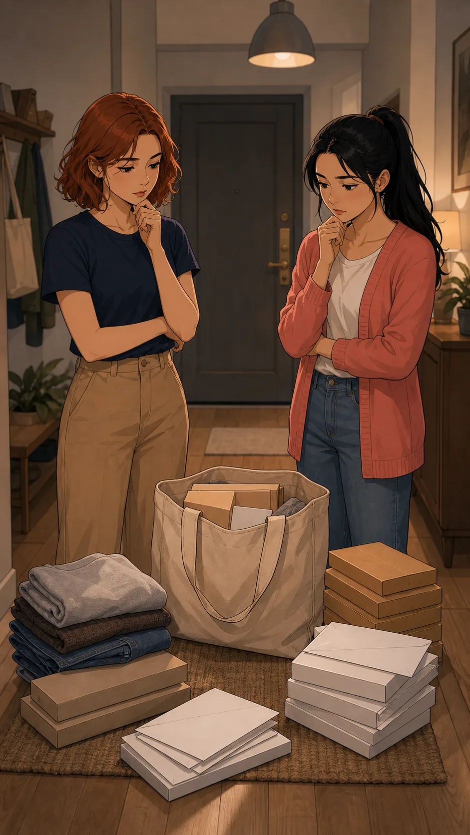 Claire and Dana stand thoughtfully beside the sorted return tote.