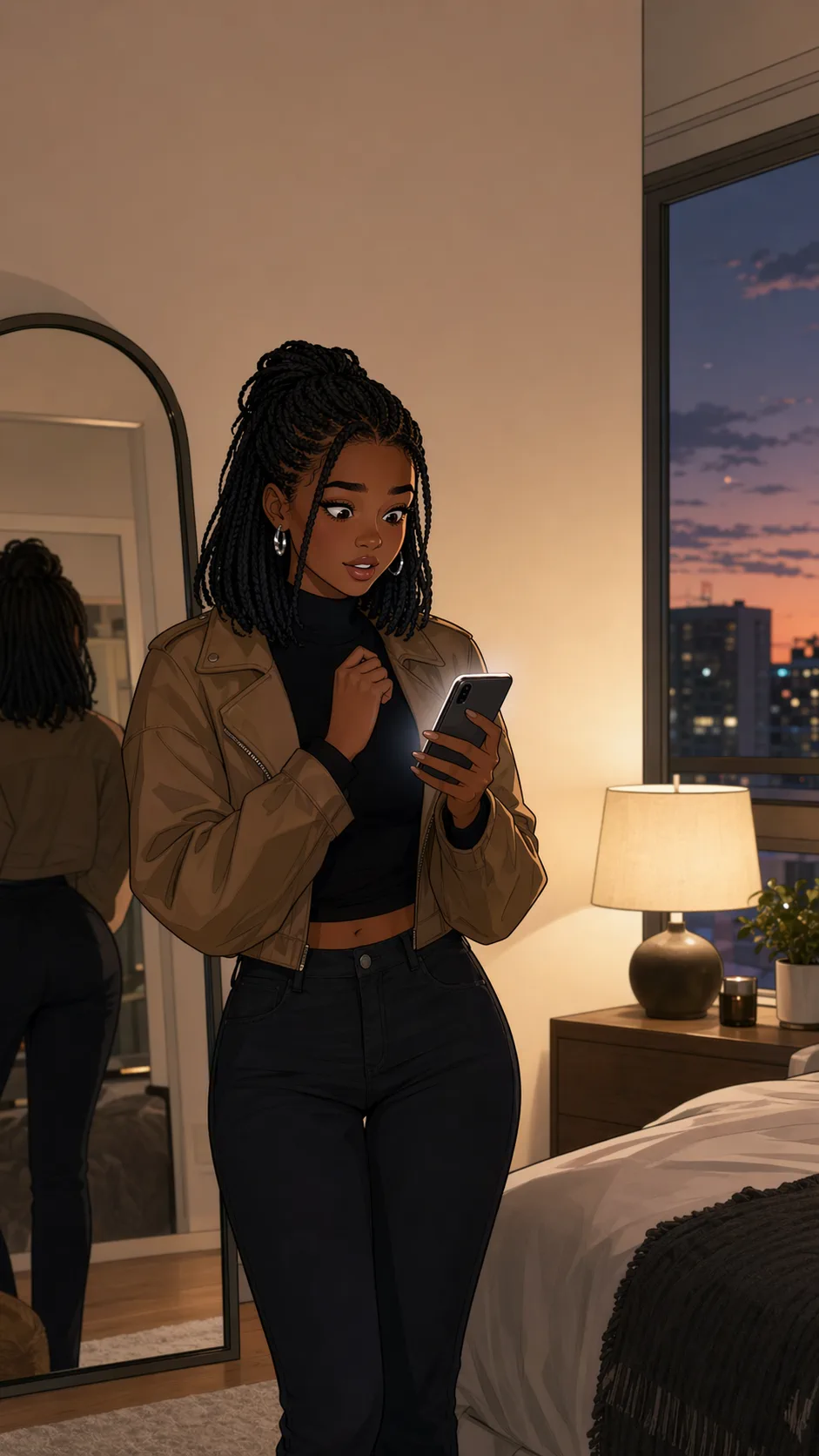 A young woman in her room looks at her phone and starts to smile as she gets ready to go out.