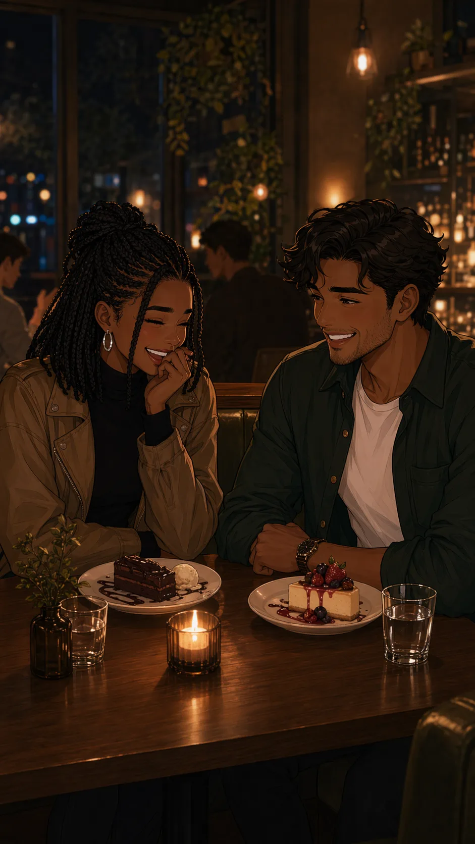 Two young people laugh together over dessert at a small restaurant table.