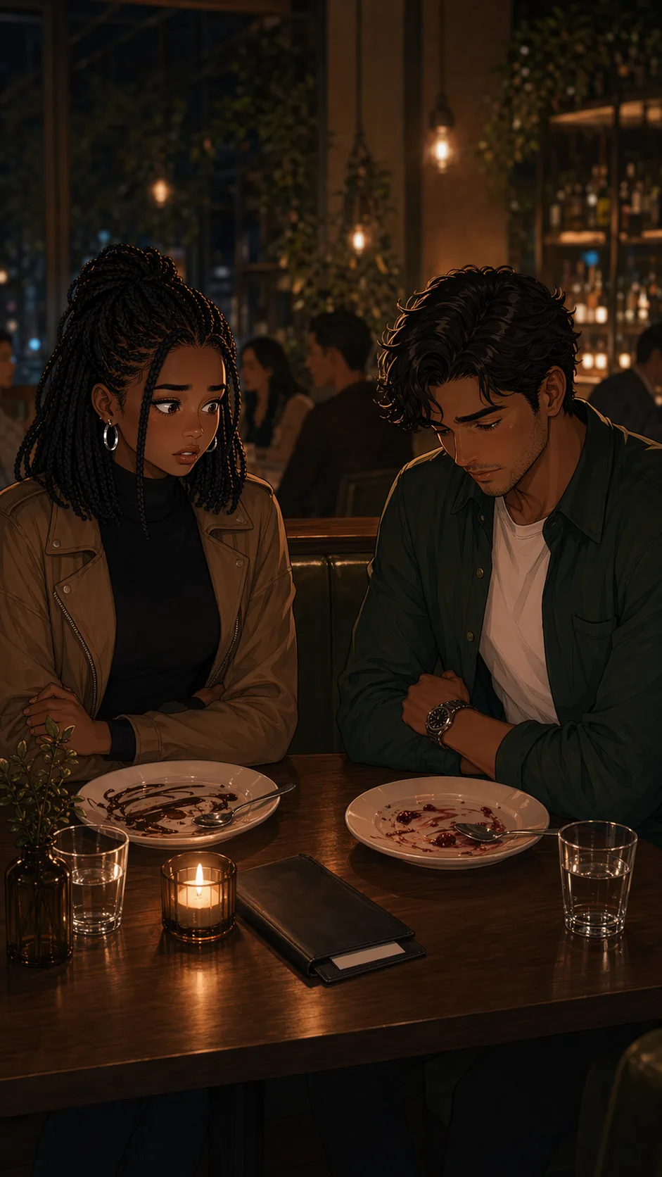 At the restaurant table, a woman's smile drops as the bill arrives and the mood shifts.