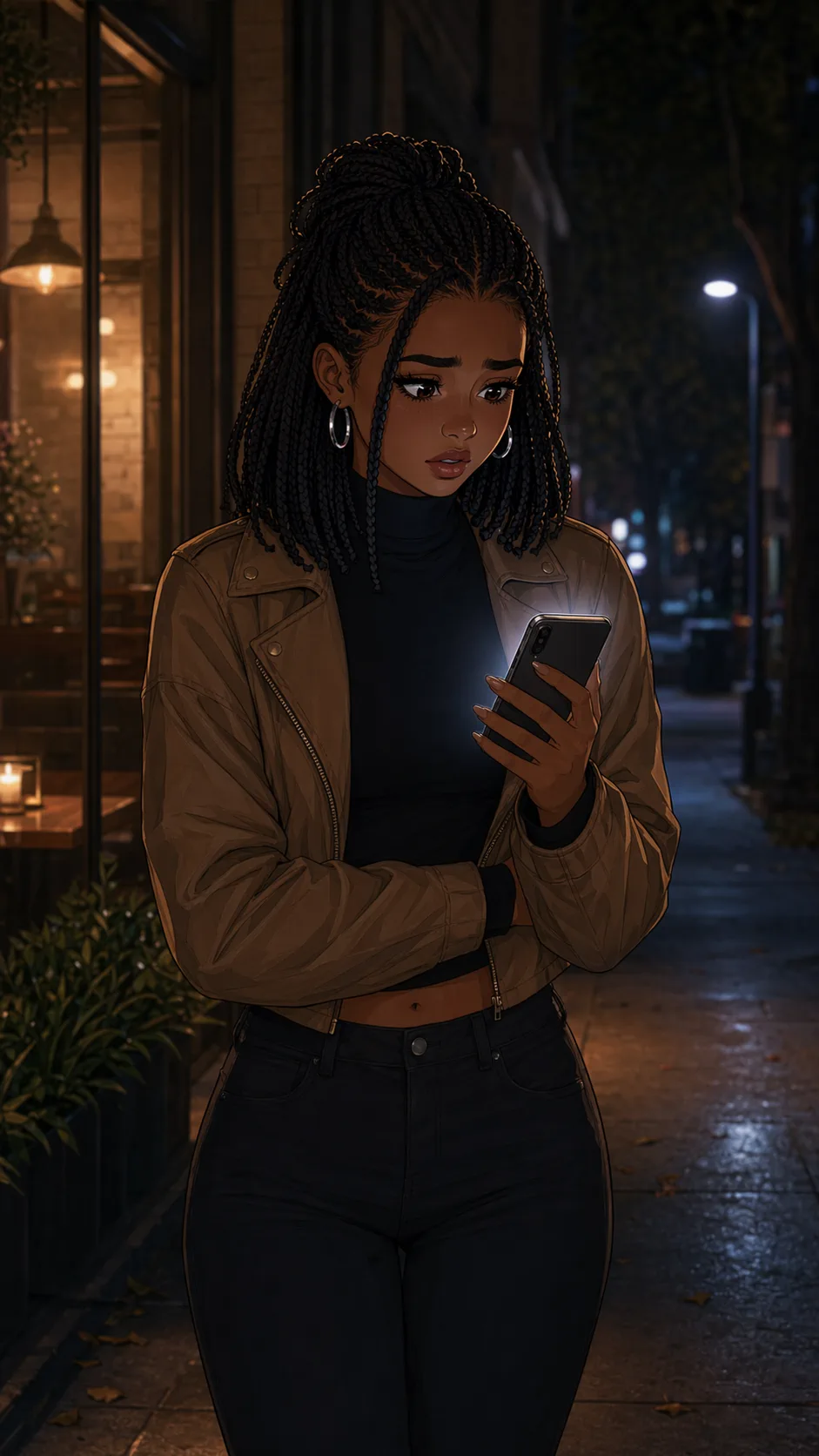 Outside at night, a woman stares at her phone in shock after reading a message.