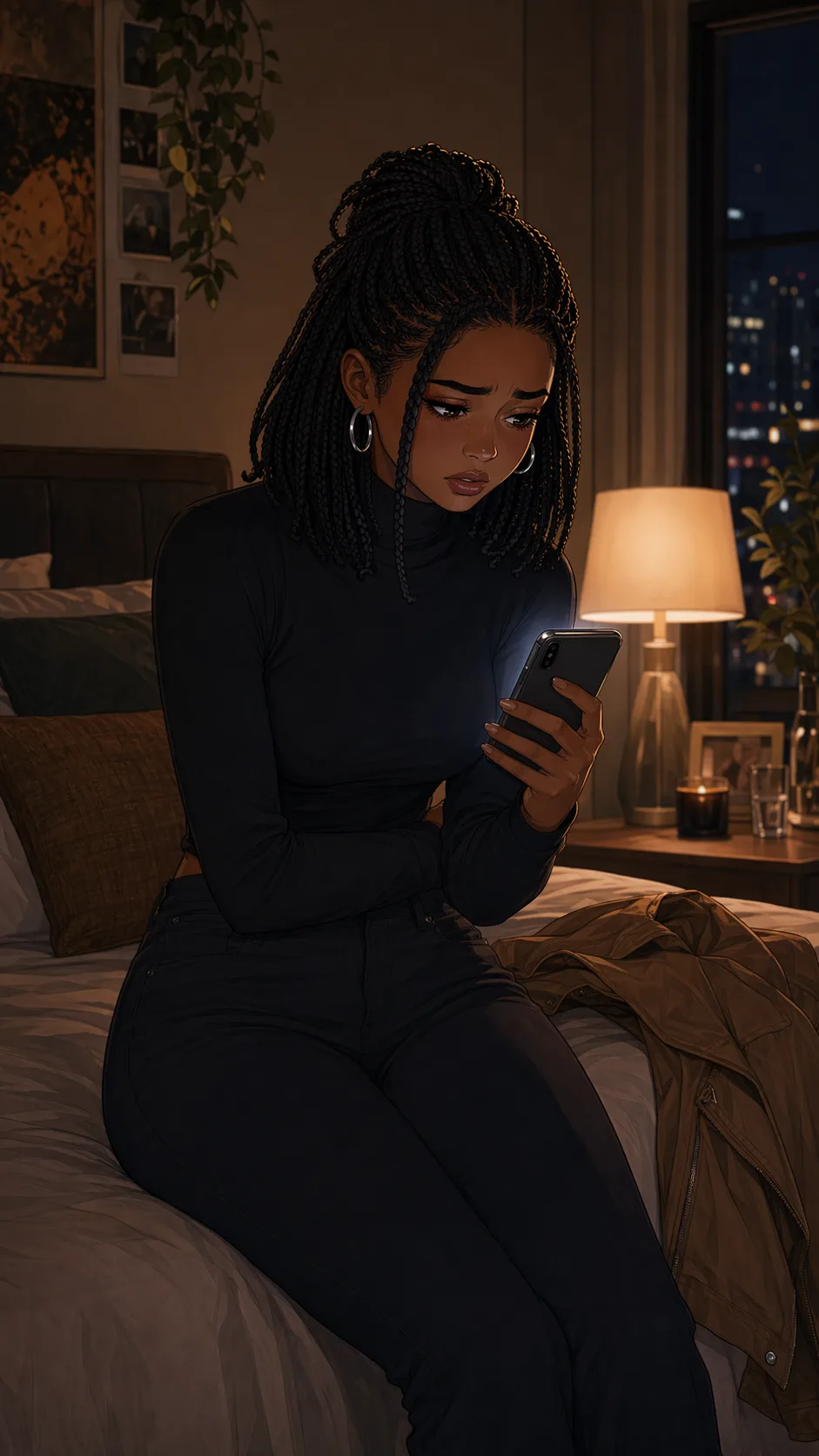 Sitting on her bed at night, a woman reads a text that leaves her hurt and conflicted.