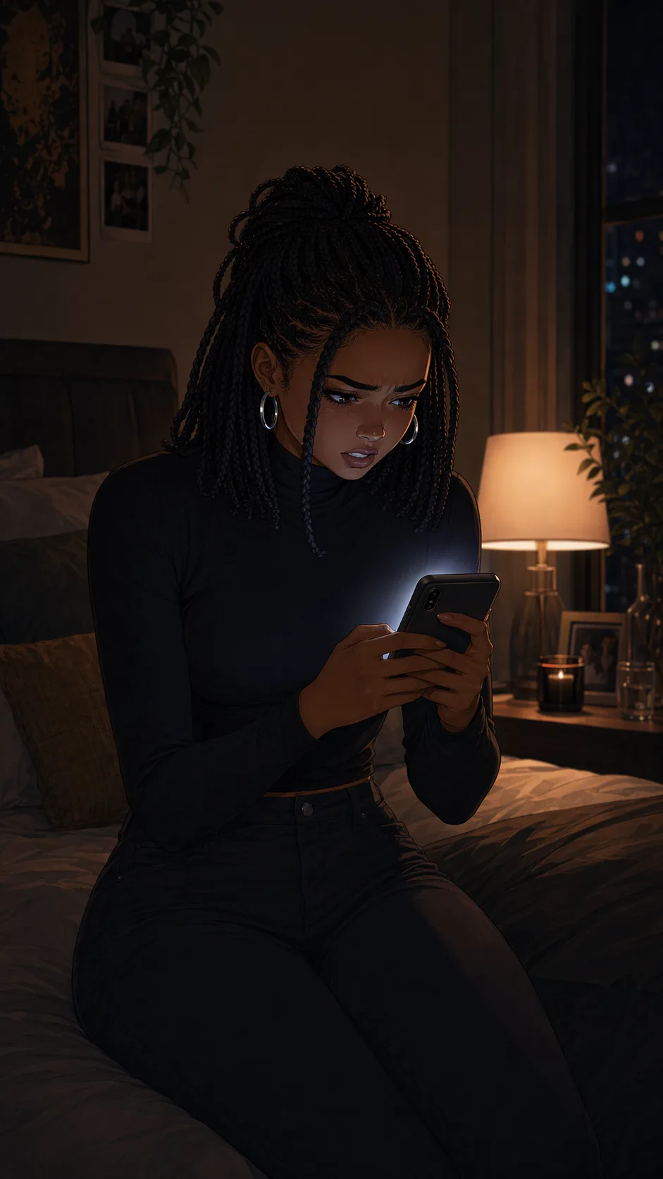 A woman posts from her phone in anger while sitting alone in her room at night.
