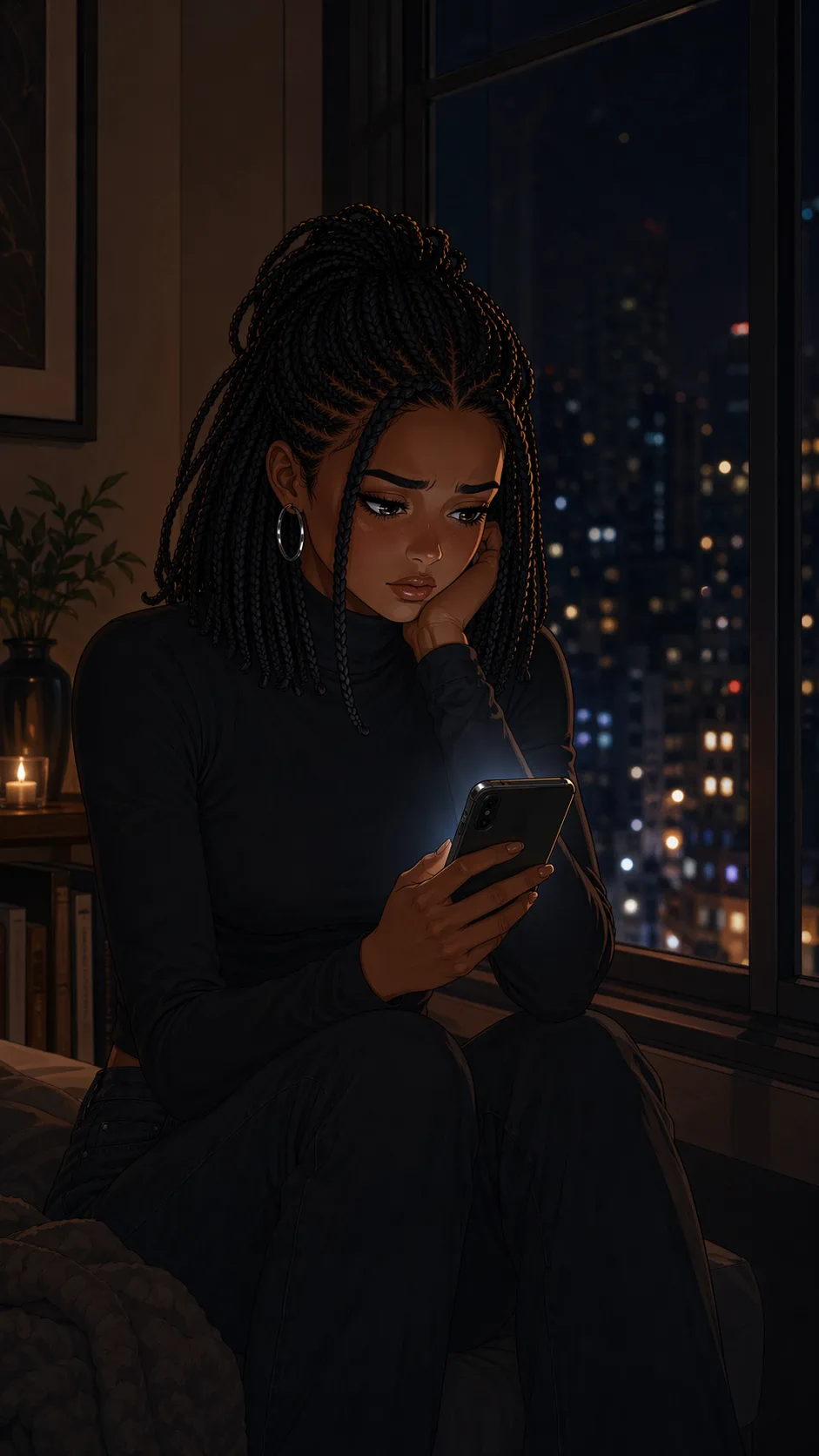 Alone by a window at night, a woman looks at her phone as mixed reactions leave her unsure.