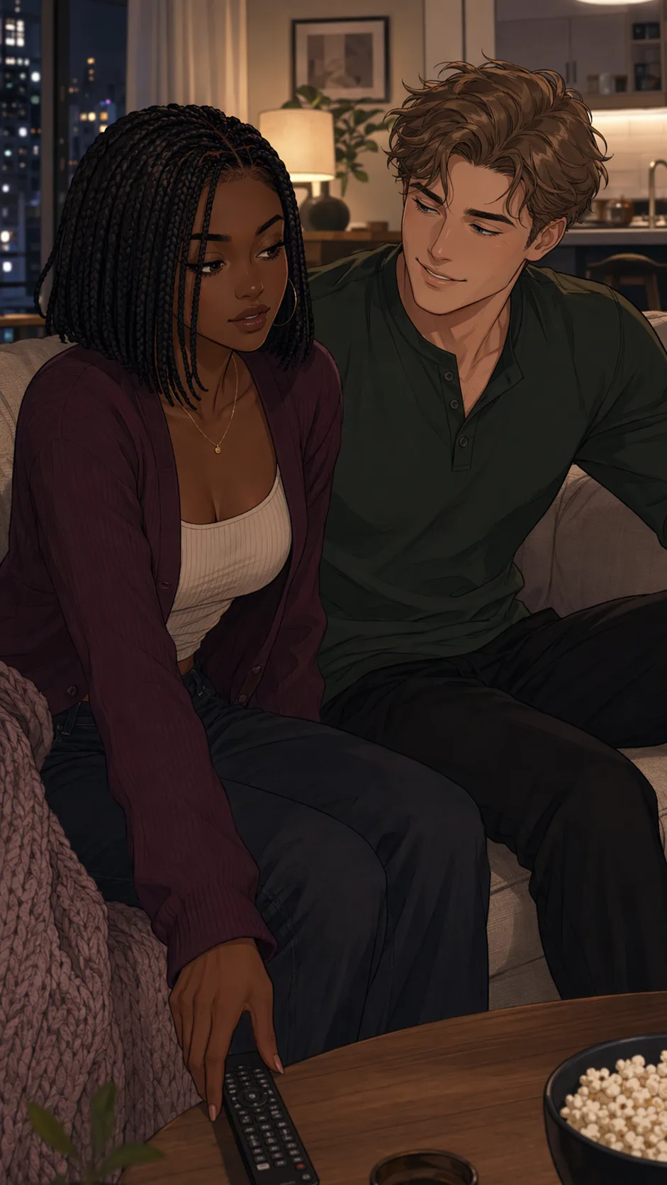 A young couple settles onto a couch for movie night in a softly lit apartment living room.