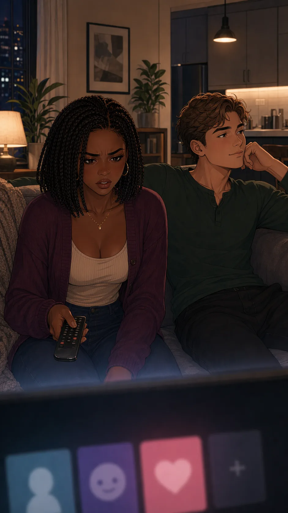 A woman's expression drops as a TV profile screen reveals an uncomfortable surprise during movie night.