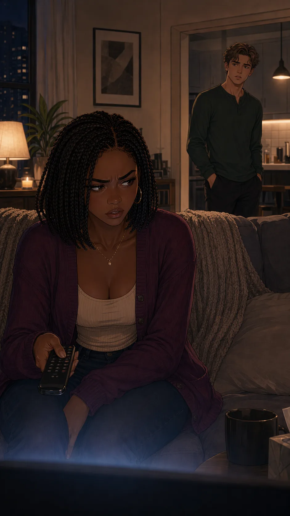 Holding a remote, a woman realizes an old profile on the TV was used very recently.