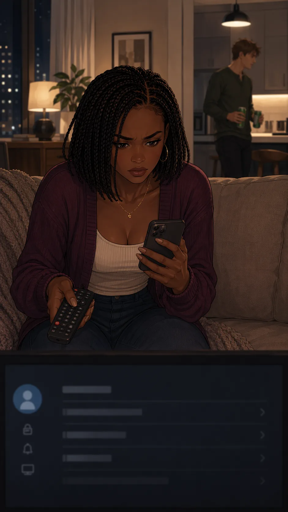 Left alone for a moment, a tense woman changes account settings on the TV and her phone.