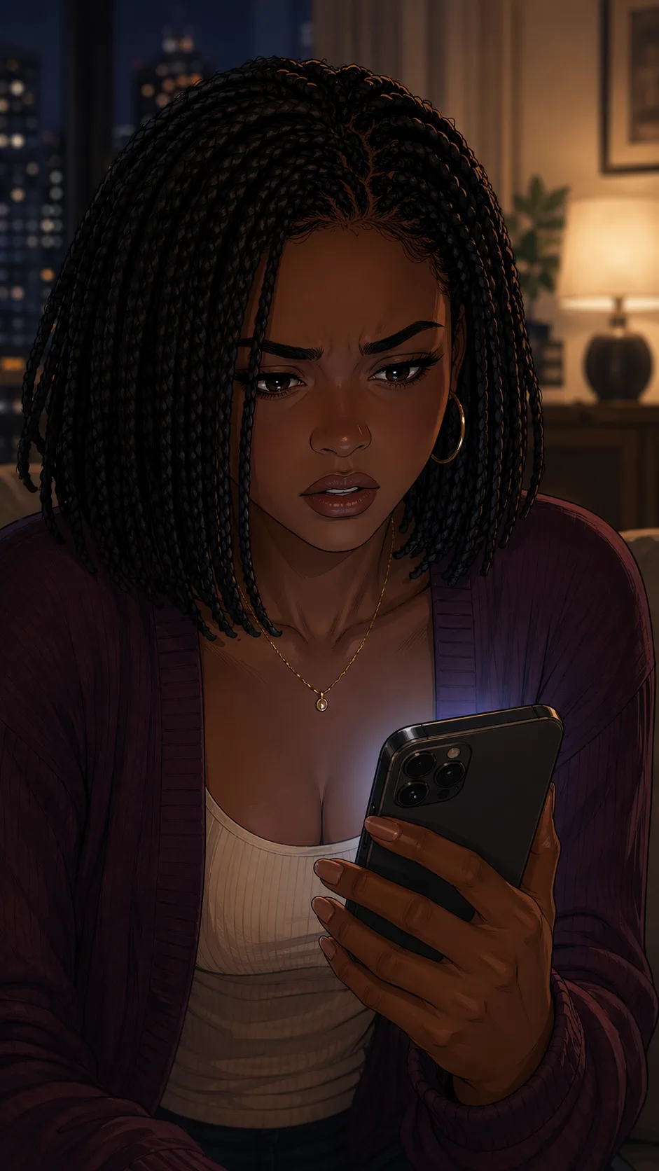 A woman stares at a glowing phone notification that proves someone else was just using the account.