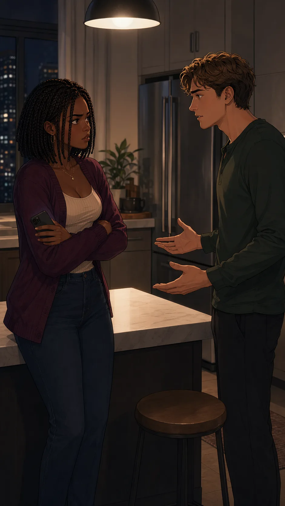 Two partners argue across a kitchen island late at night, both hurt and defensive.