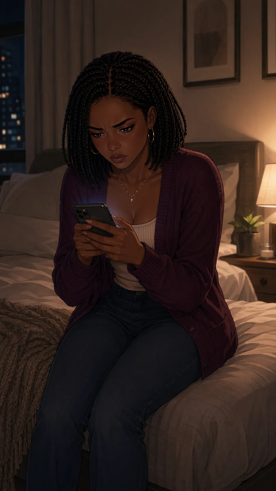 Sitting on the edge of a bed, a woman sends a screenshot to friends while still visibly upset.