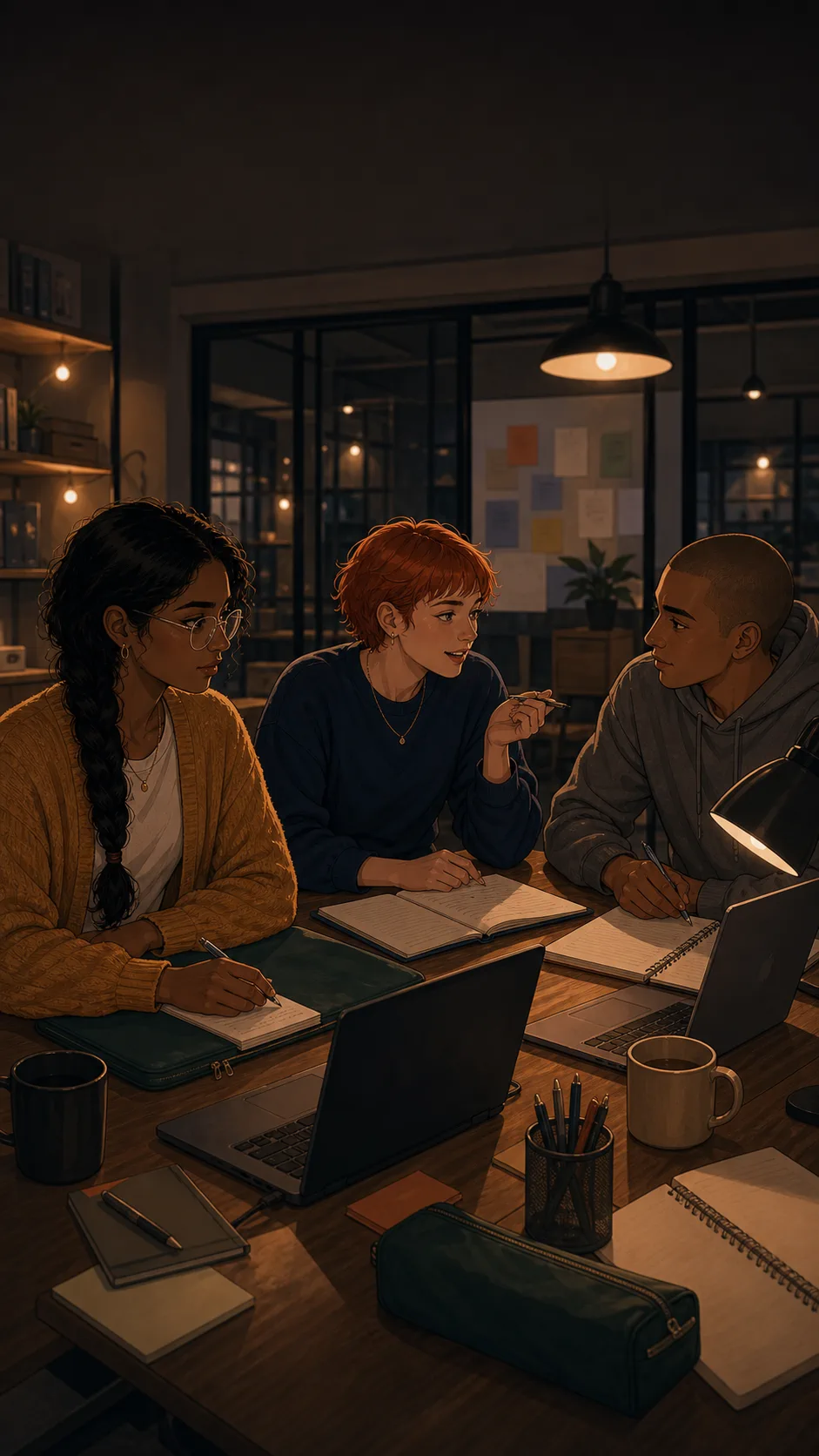 A fictional certification study group meets in a generic coworking room.