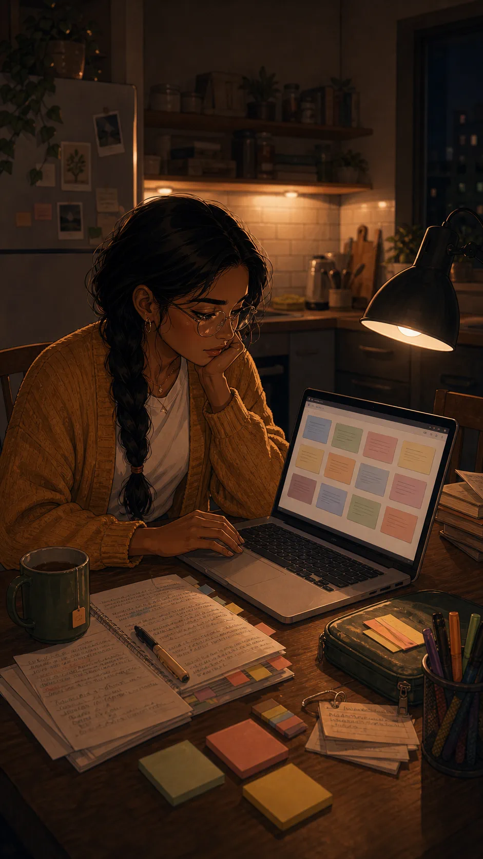 A fictional woman builds a digital flashcard deck at a kitchen table.